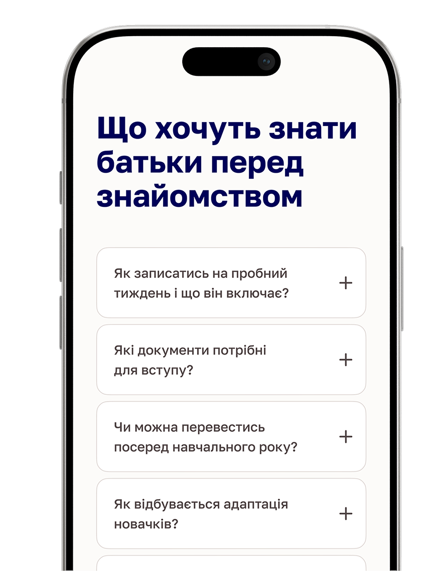 Idea School mobile FAQ screen with parent questions