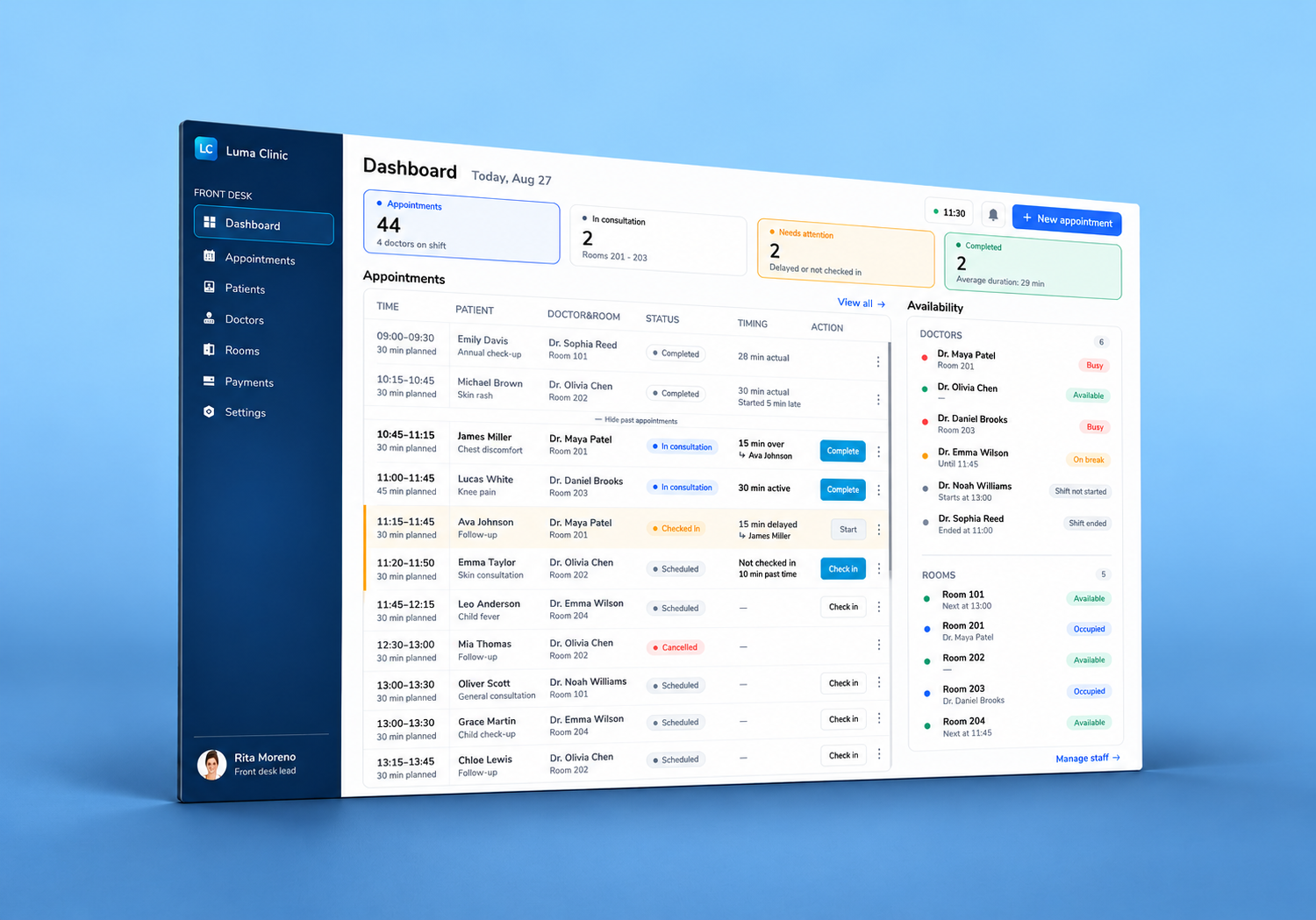 Luma Clinic Dashboard showing daily appointments and doctor and room availability
