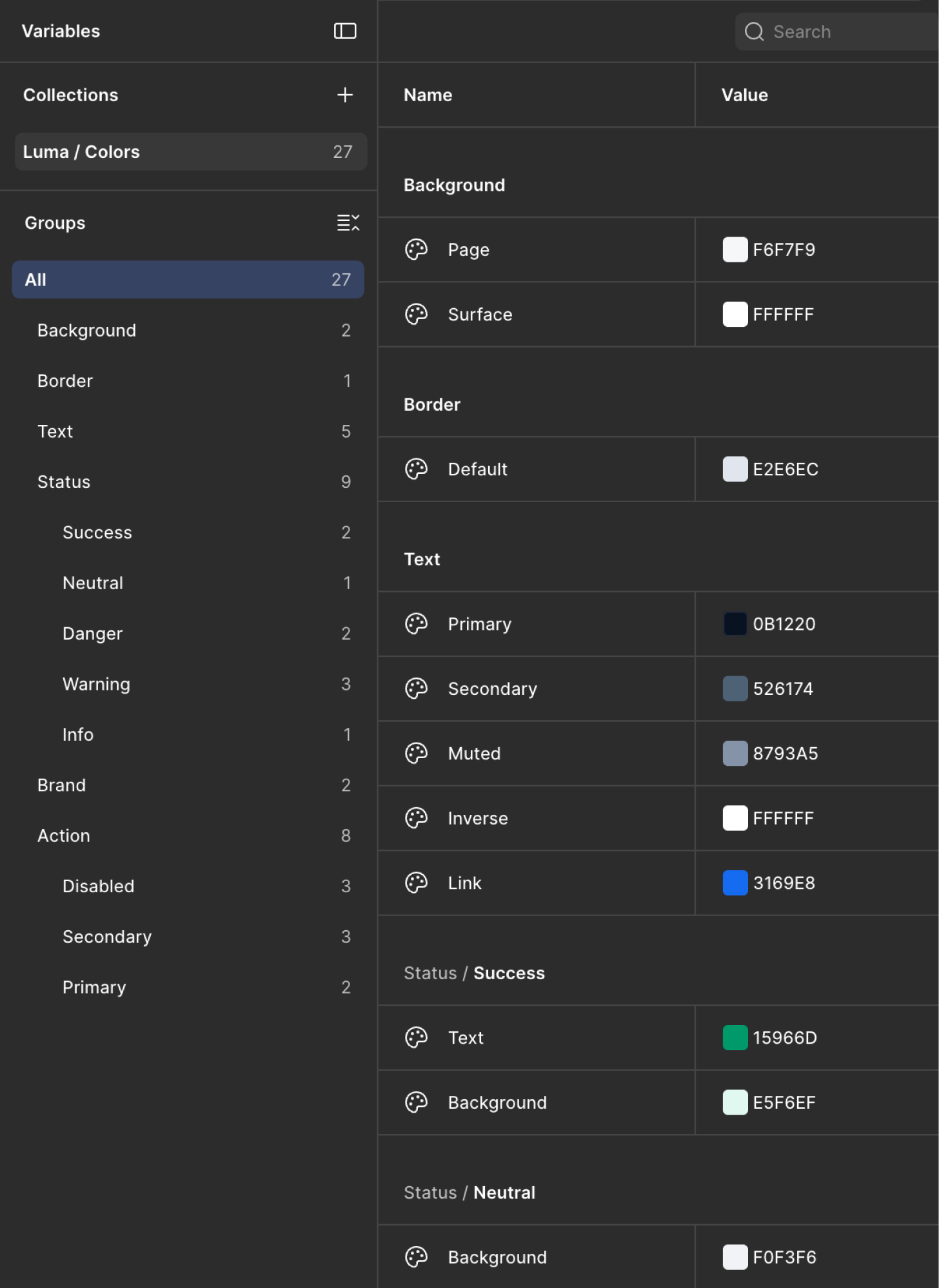 Luma color variables: backgrounds, borders, text, and status colors
