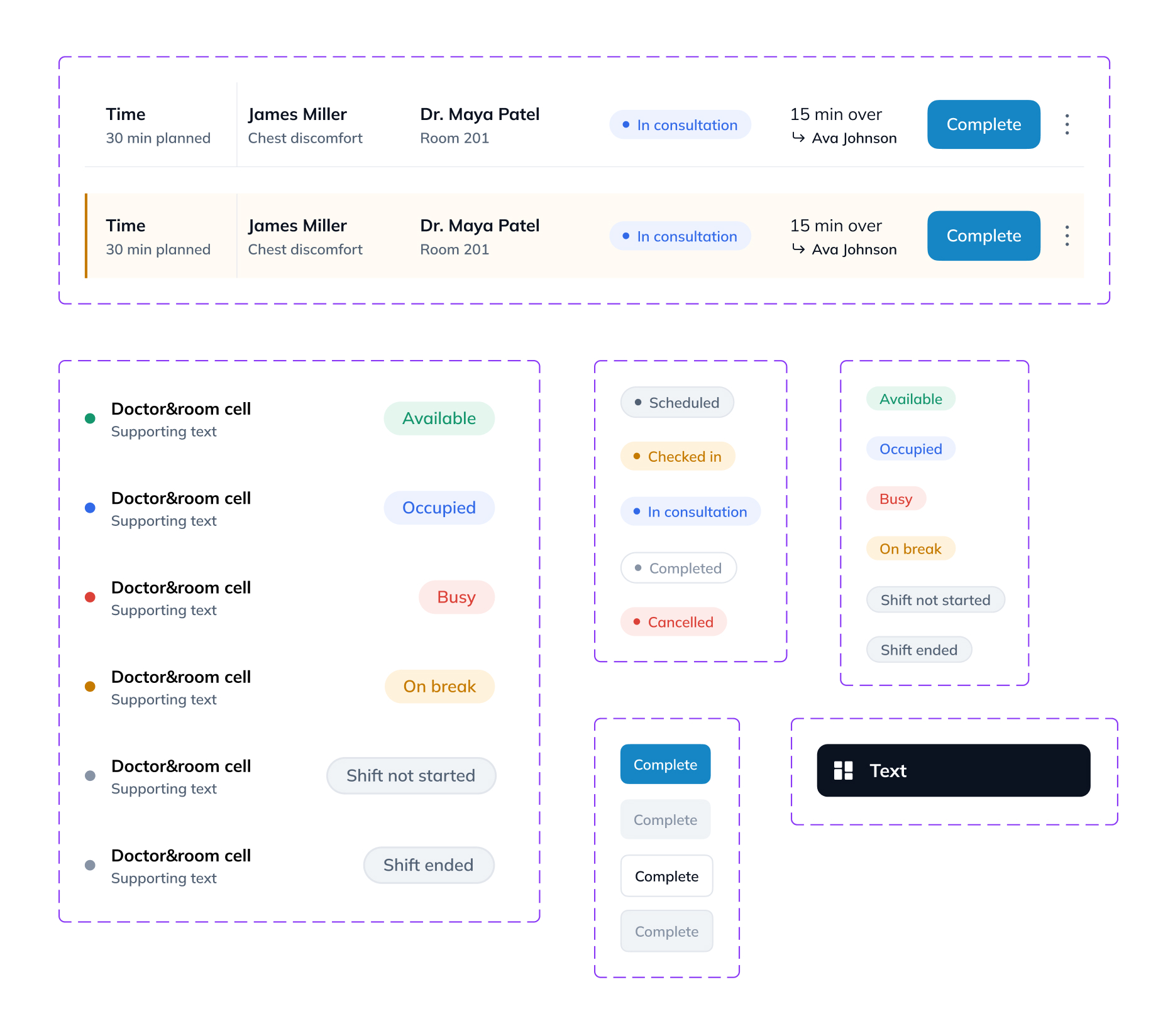 Luma reusable components: appointment rows, resource availability, status badges, and action states