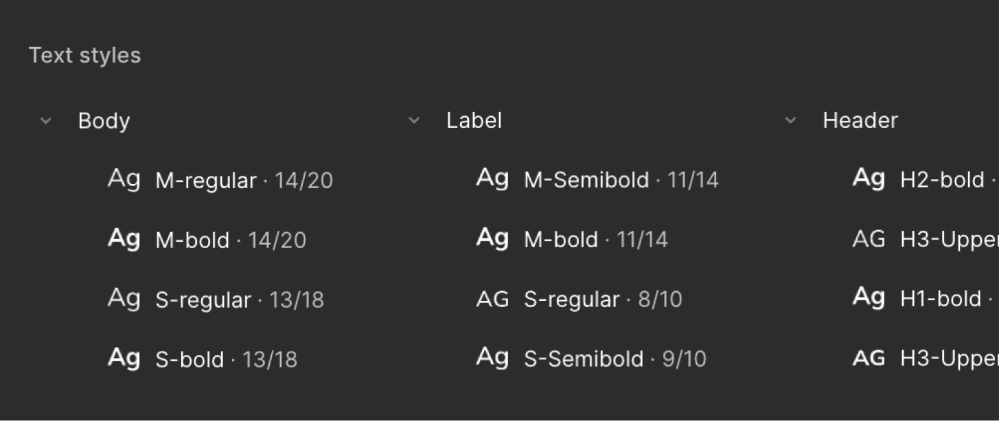 Luma text styles for body, labels, and headers