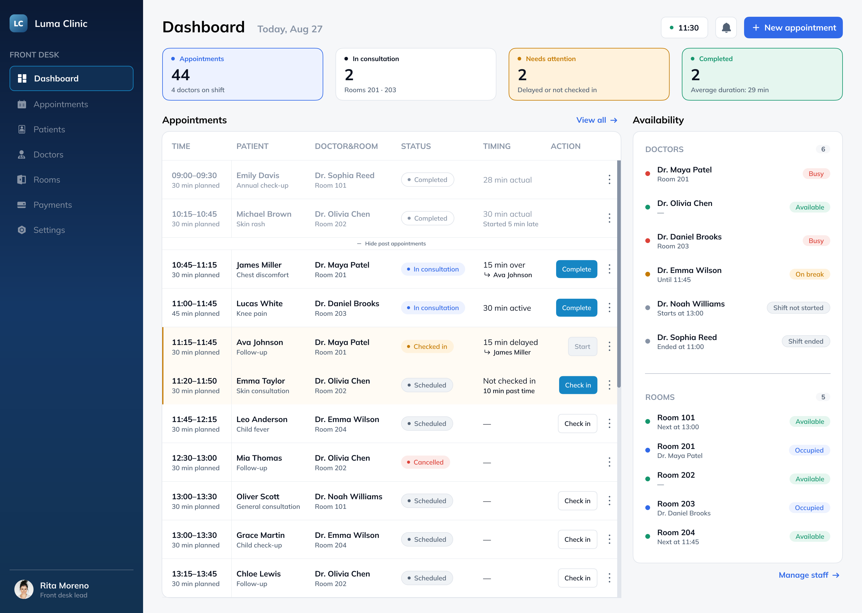 Luma Clinic dashboard with daily appointments and doctor and room availability