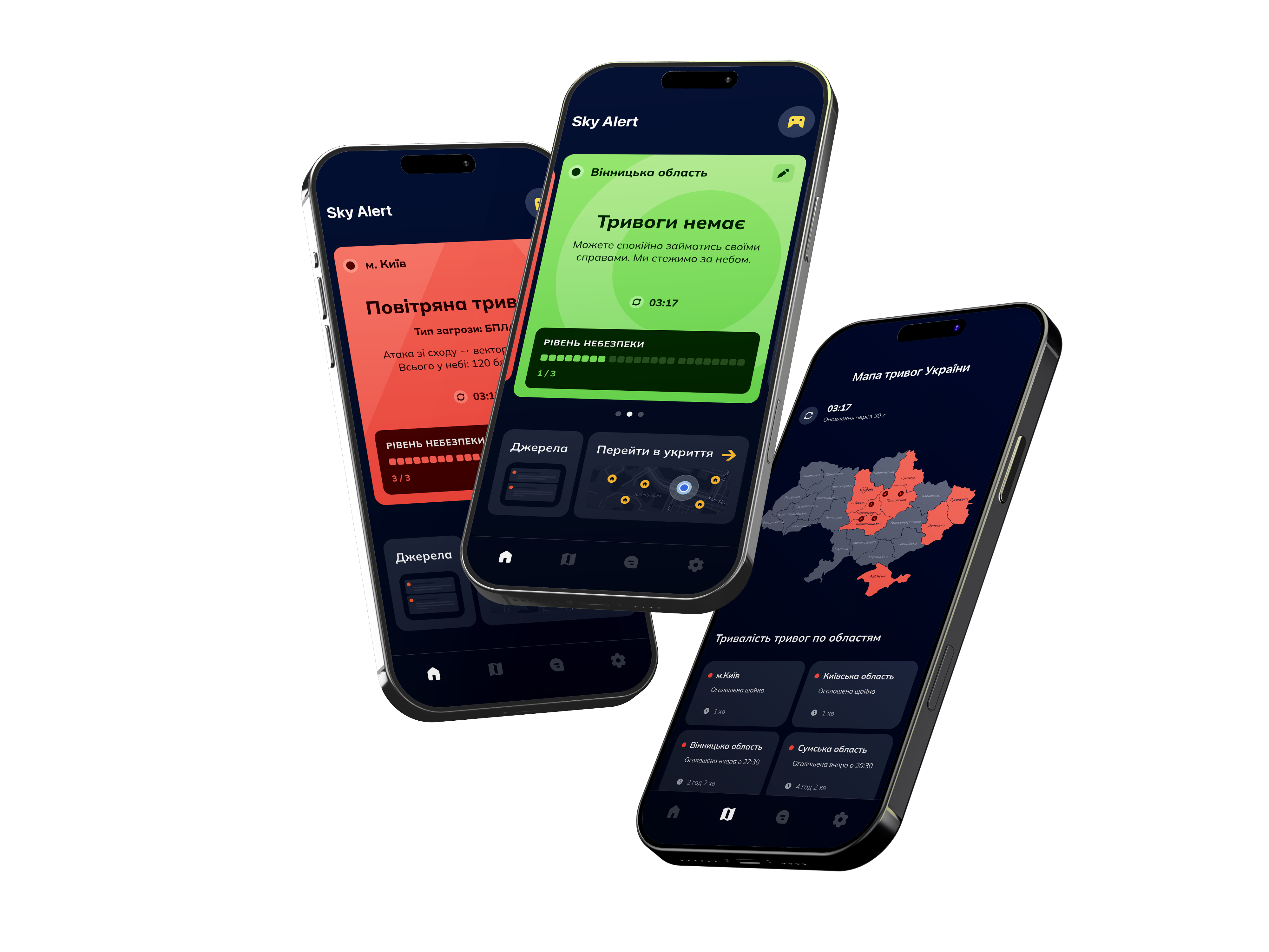 Sky Alert shown on three phones: alert, all-clear, and Ukraine alert map