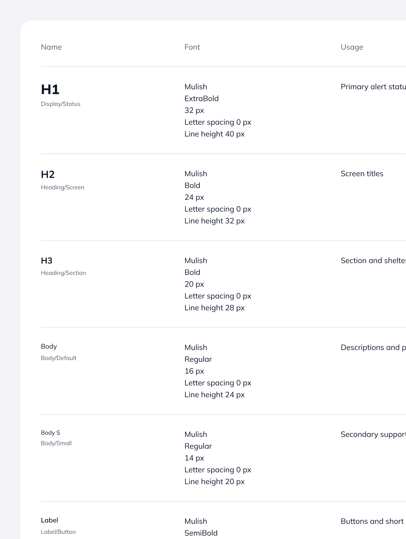 Sky Alert Mulish typography styles for status messages, screen headings, body text and labels.