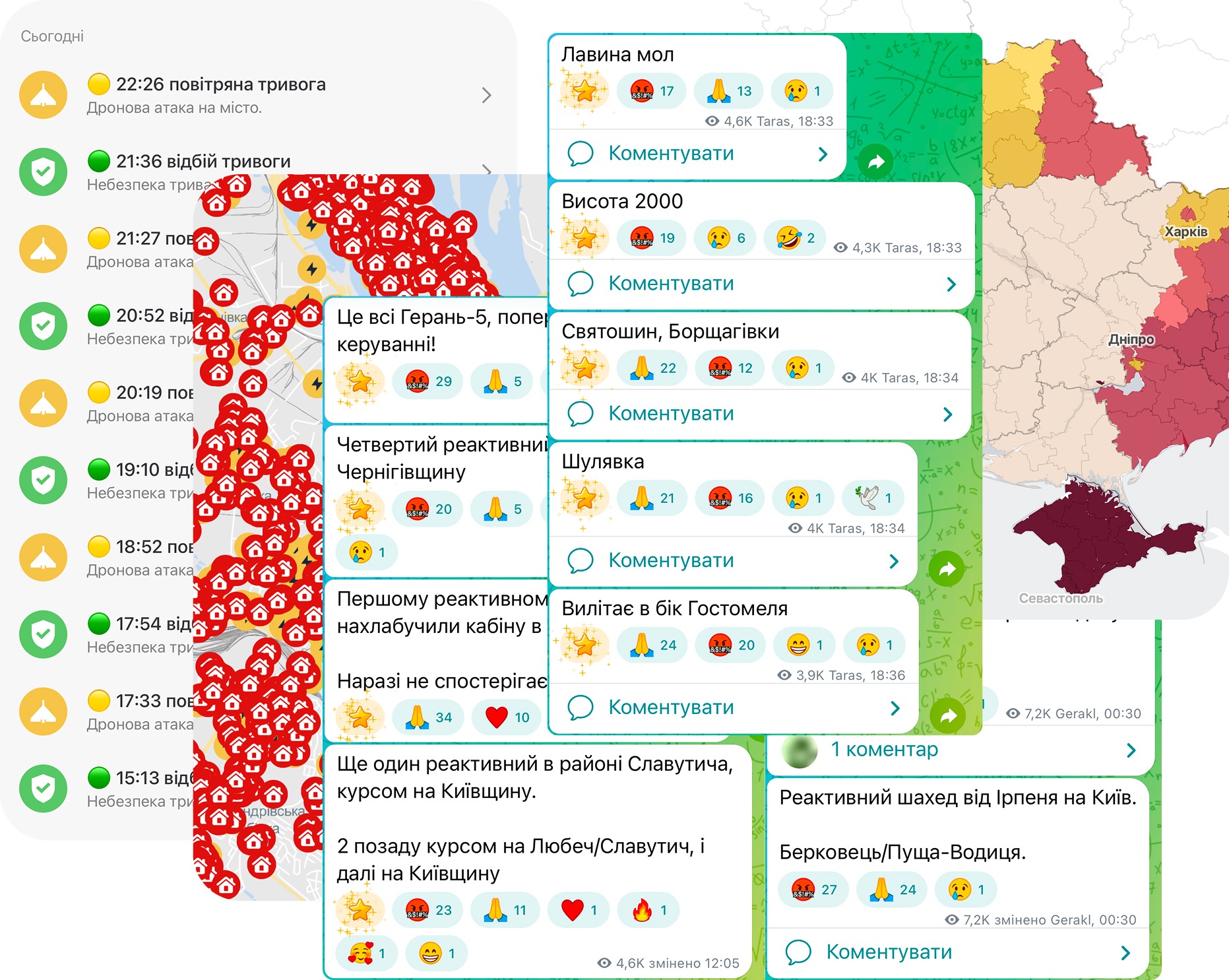 Examples of air-raid notifications, Telegram threat updates and alert maps people consult for context.
