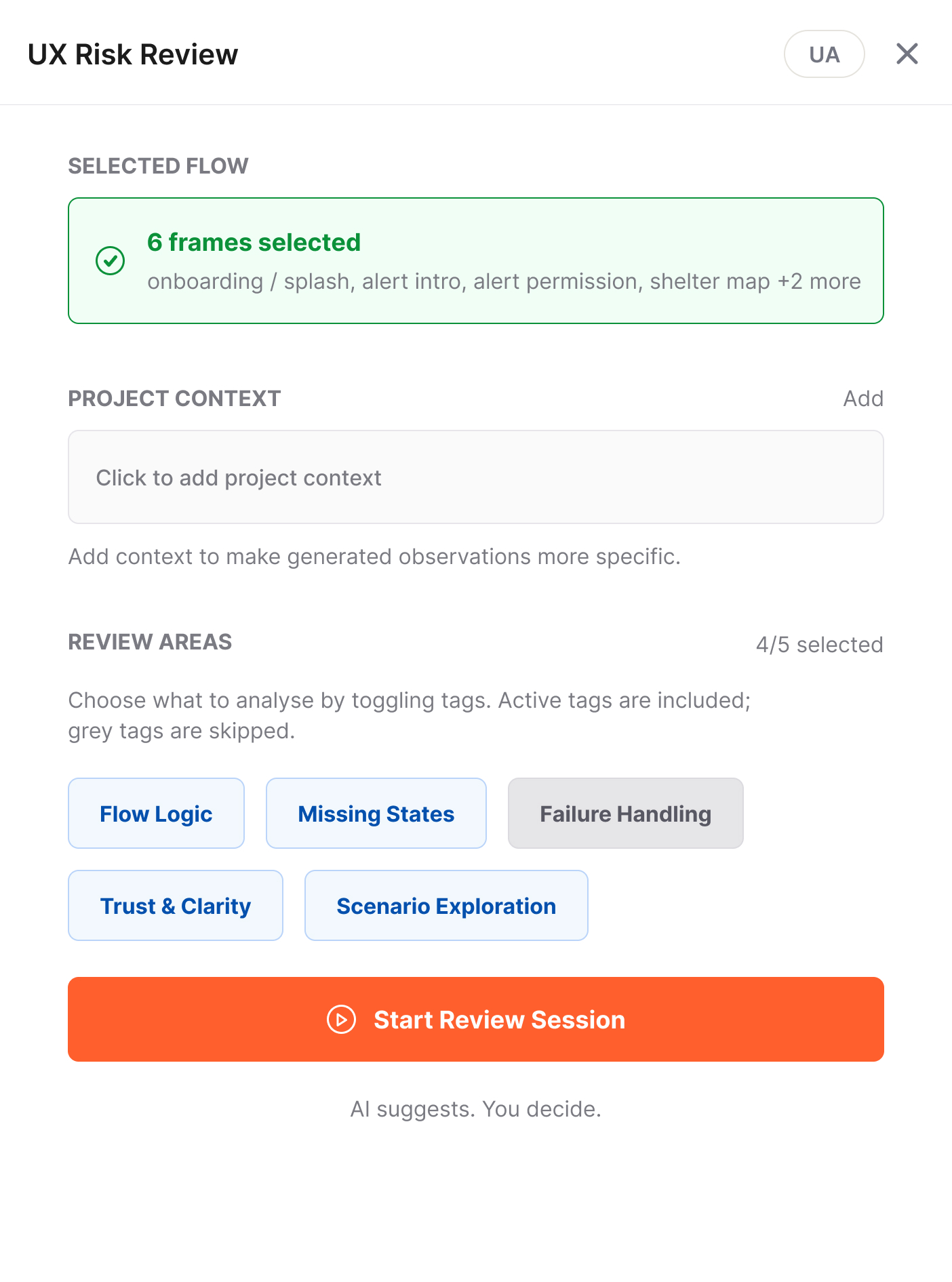 UX Risk Review plugin screen for selecting frames, project context and review areas