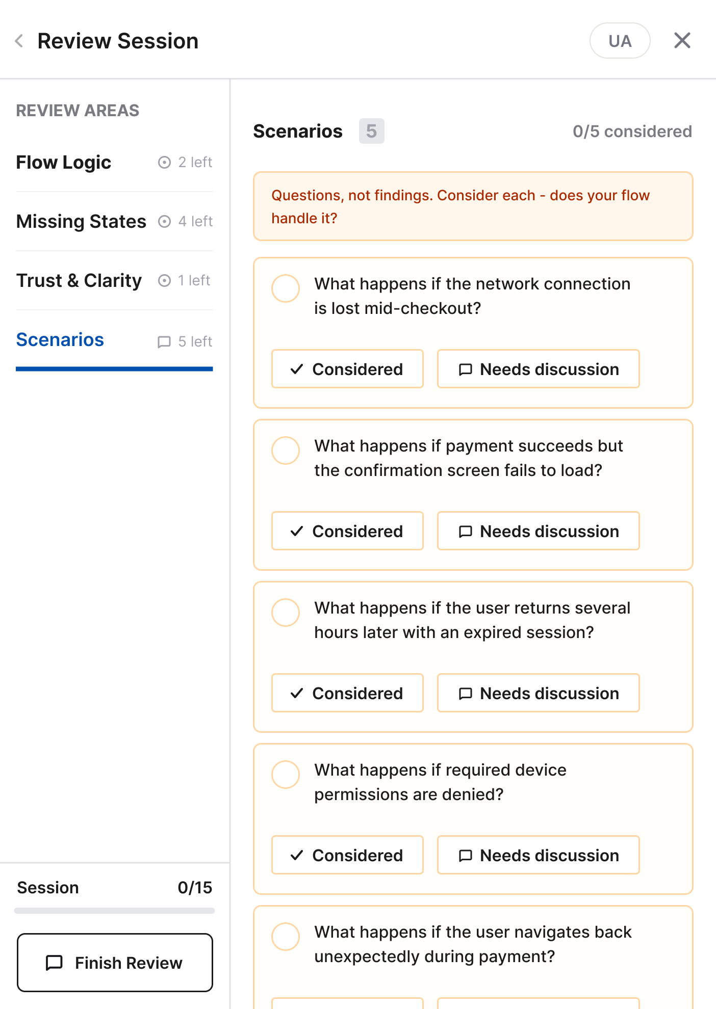 UX Risk Review scenario questions for paths beyond the happy path