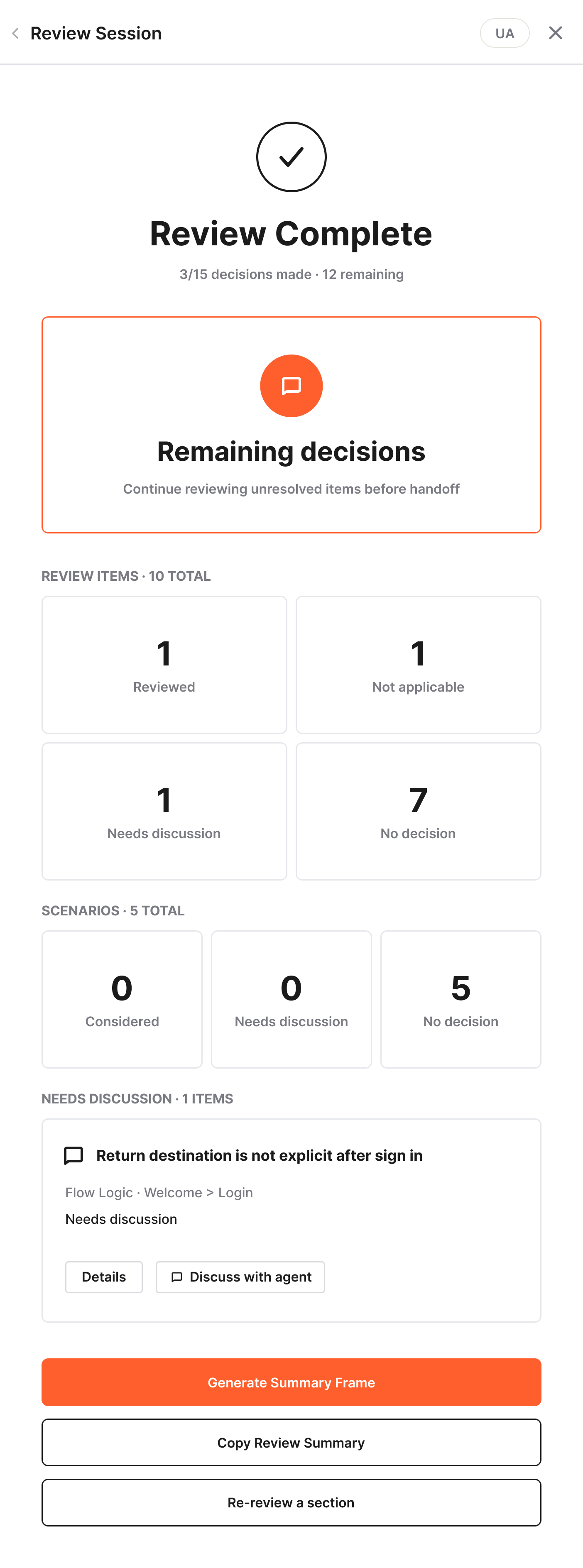 UX Risk Review completion state with remaining decisions