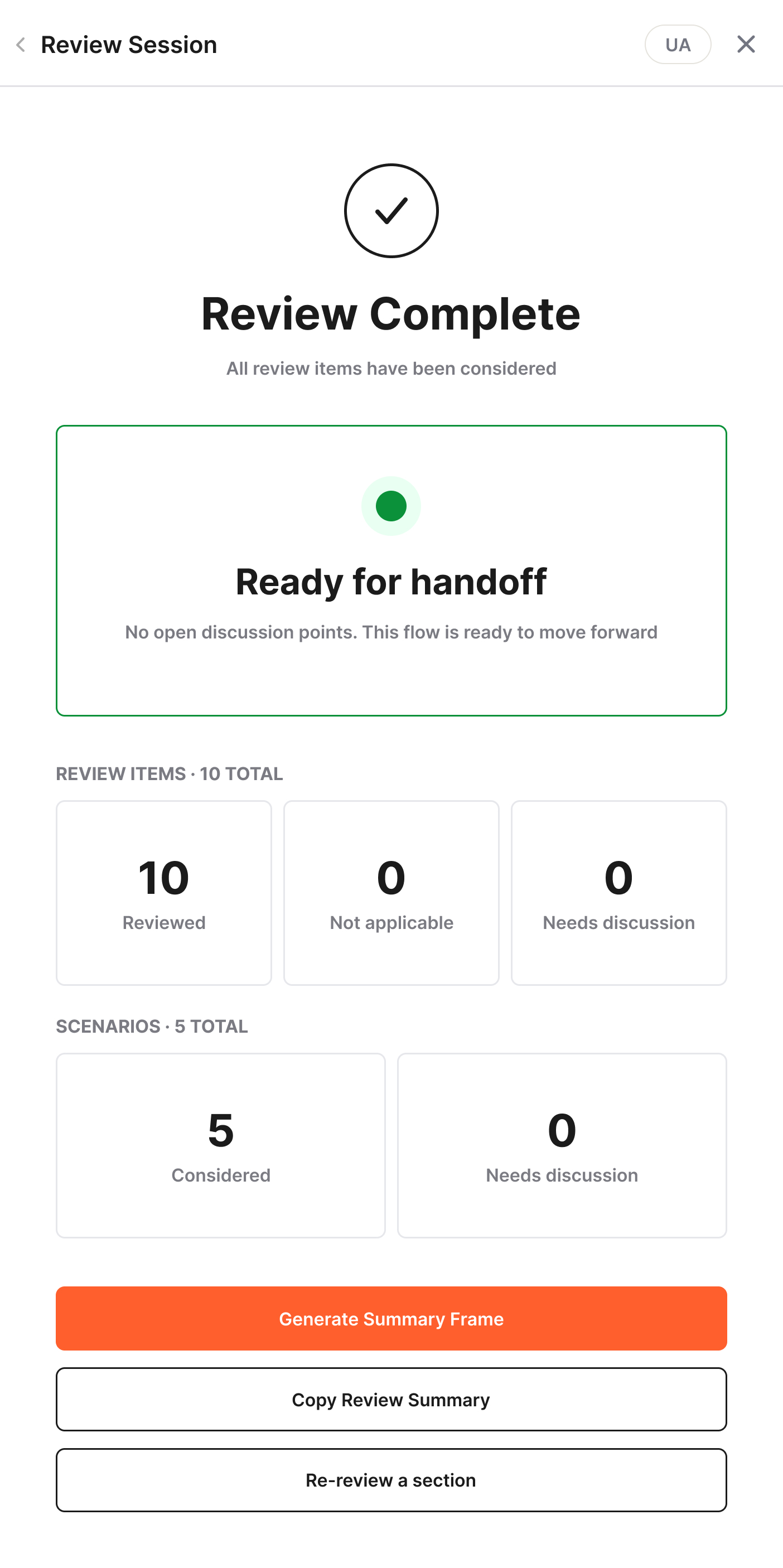 UX Risk Review completion state ready for handoff