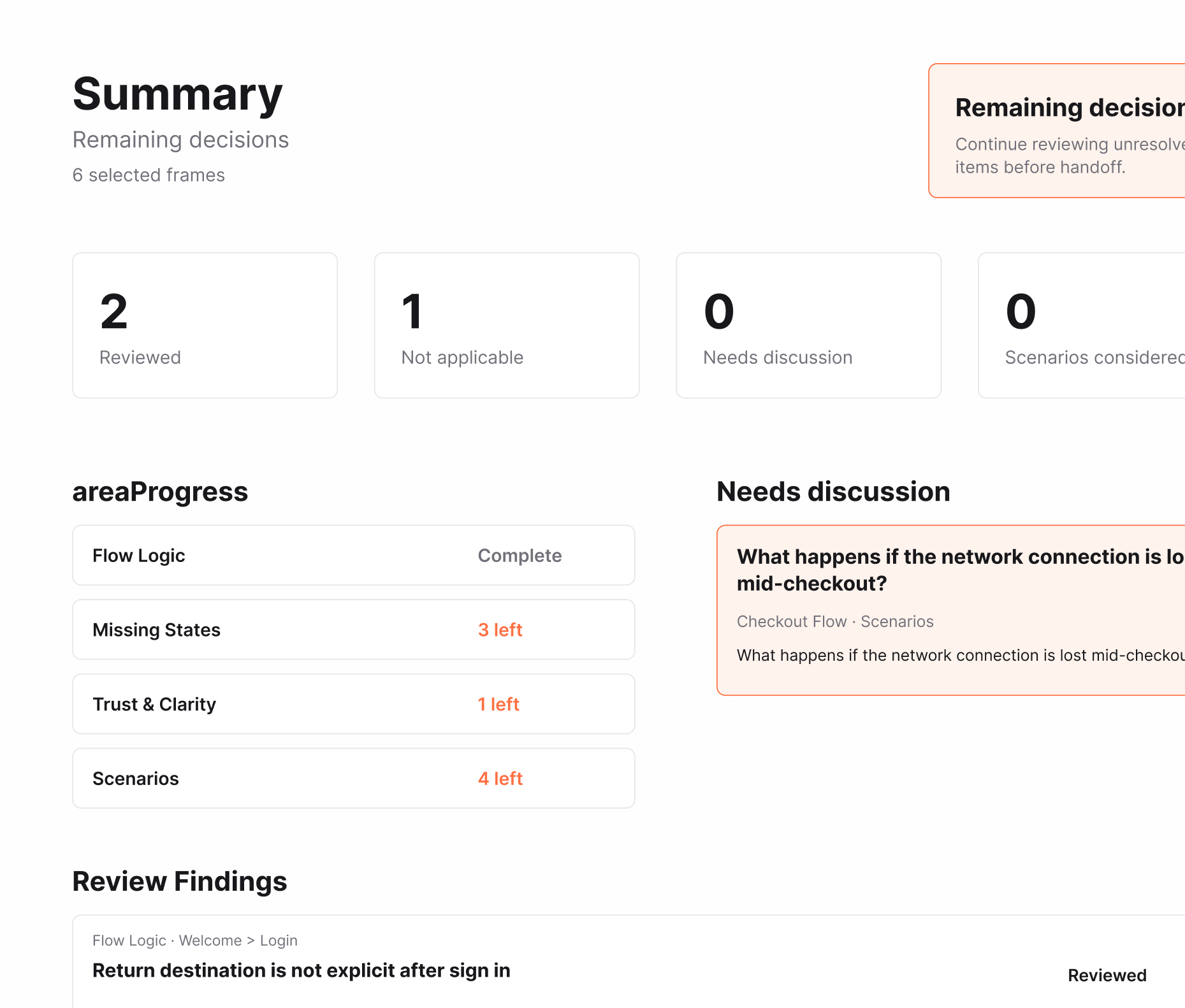 Generated UX review summary frame for sharing with the product team