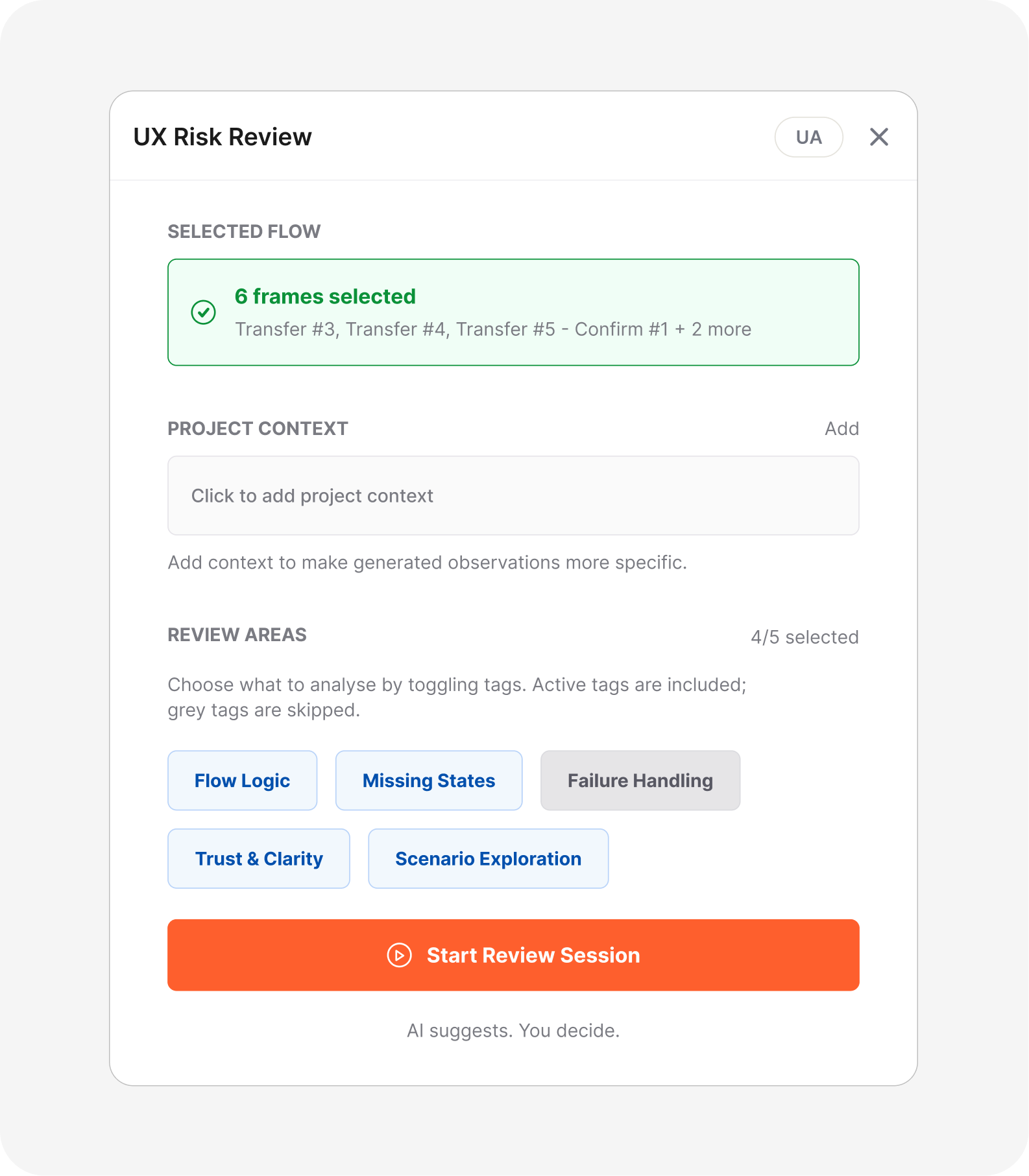 UX Risk Review scope setup with selected frames and review areas