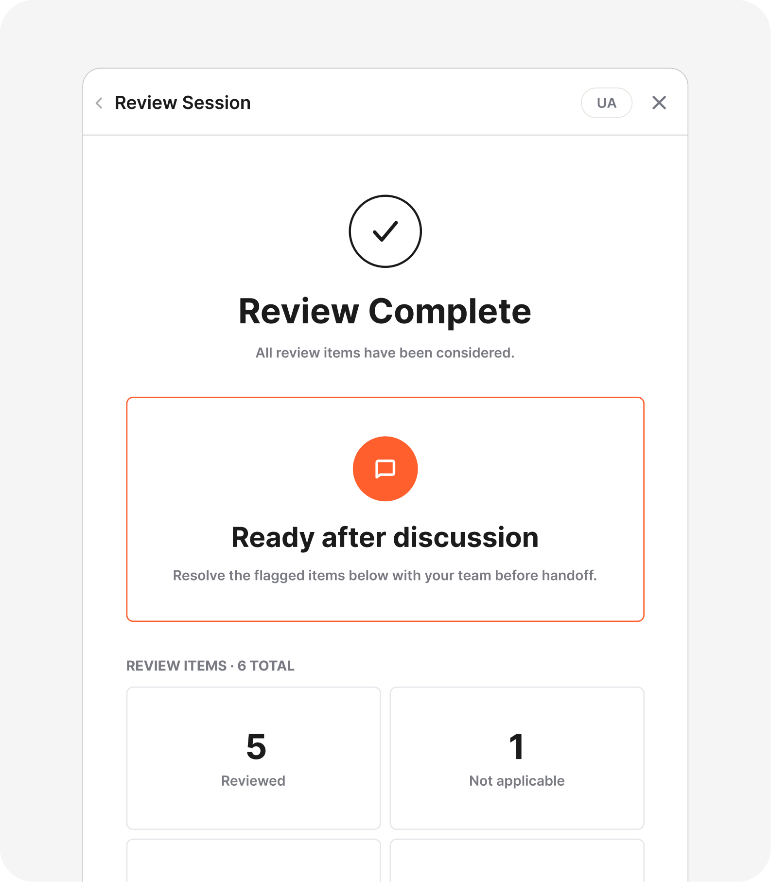 Review summary with designer assessments and items for discussion