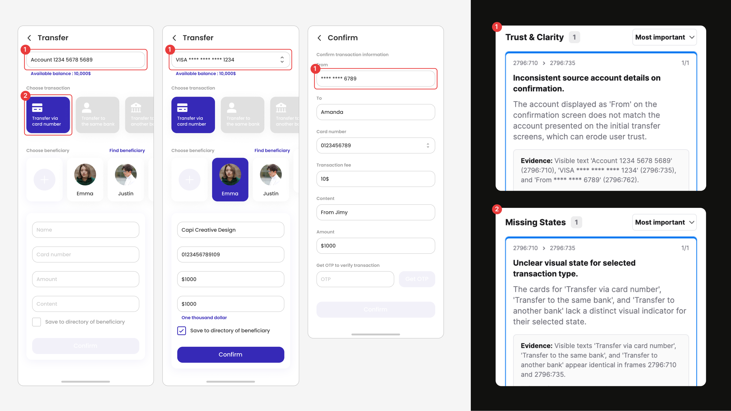 Transfer flow screens compared with plugin findings about source identifiers and the selected transaction type